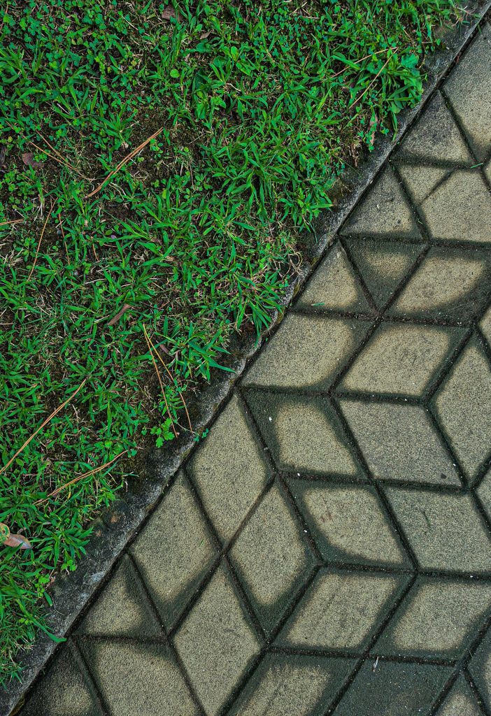 Abstract contrast between lush green grass and geometric stone path.